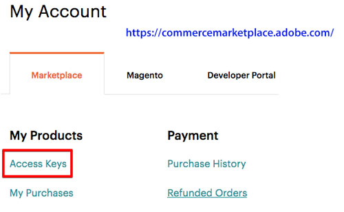 Use your Commerce Marketplace account to generate a pair of 32-character authentication keys to access the repository